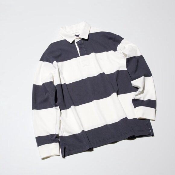 👚 Uniqlo JW Anderson Oversized Rugger Polo Shirt Navy Striped Size XXS - Picture 2 of 7